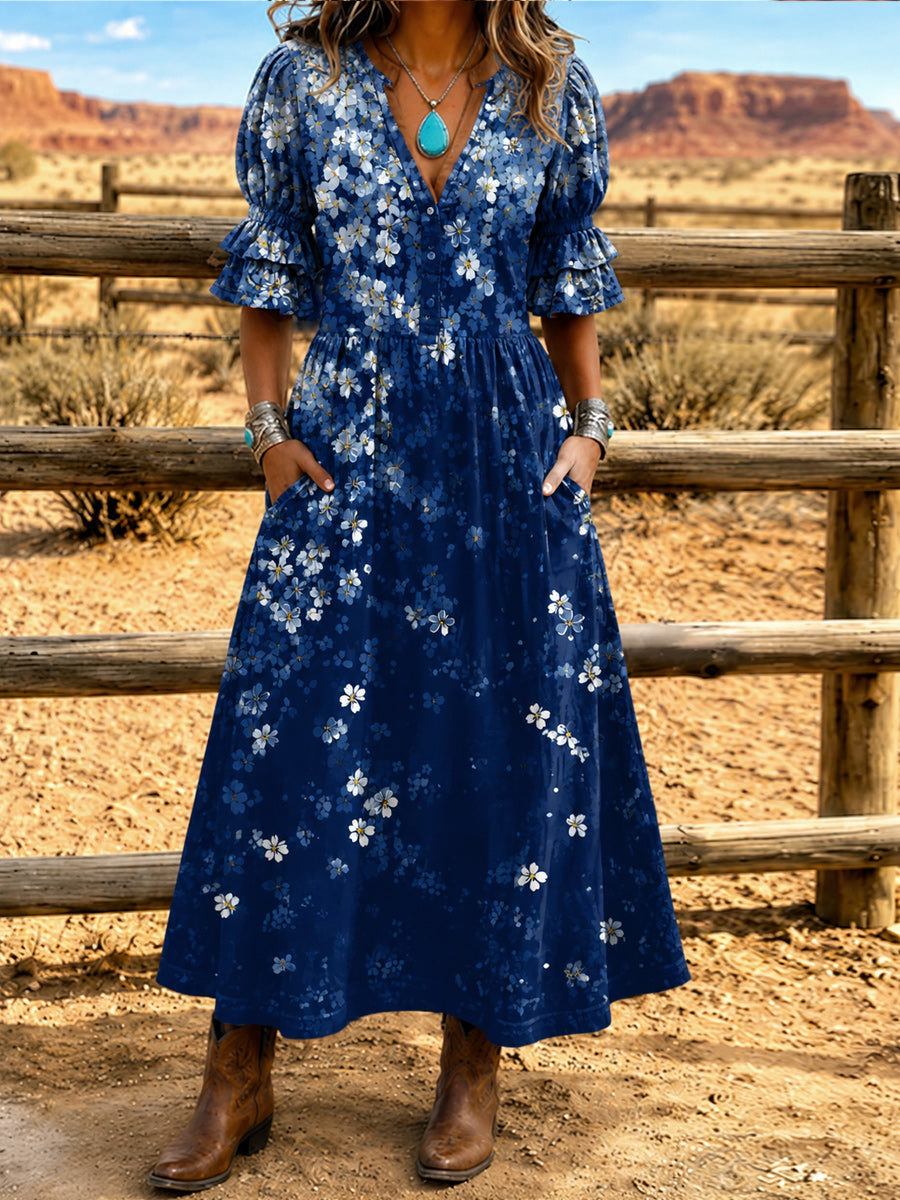 Women's Retro Art Print Washed Cotton Layered Patchwork Midi Dress